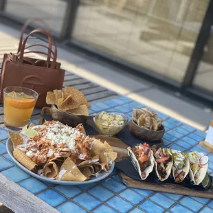 Taco sampler, Ceviche, Chicken Nachos and Story of OJ
