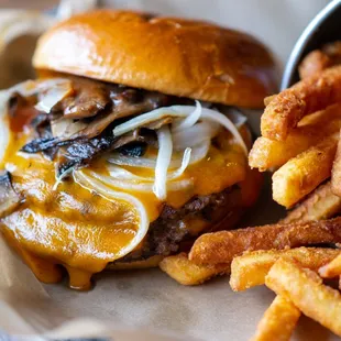 a cheeseburger and fries