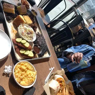 Fries, Buffalo chicken wrap, Mac &amp; cheese, sampler with ribs, burnt ends and pulled pork