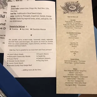 Desert and drink menu