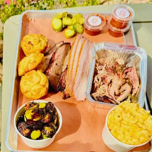 3 Meat Platter - brisket, turkey, pulled pork, Mac-N-Chz, Brussels sprouts, 3 corn muffins, pickles