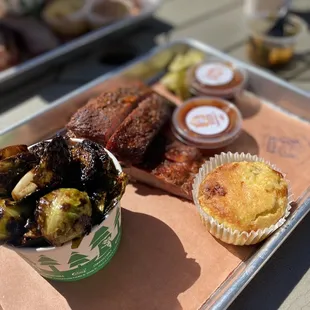 Spare ribs, Brussels sprouts, corn muffin