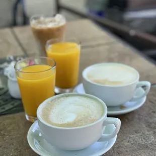 Lattes and orange juice
