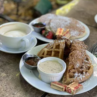 Chicken and waffles, latte and multigrain pancakes