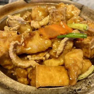 Fried tofu with fish fillets  this dish came sizzling in a stone bowl and was SO good