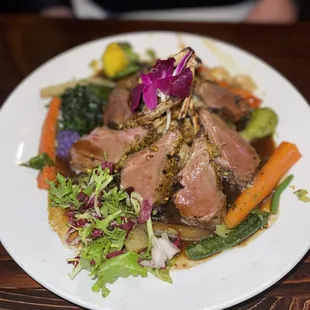 a plate of meat and vegetables