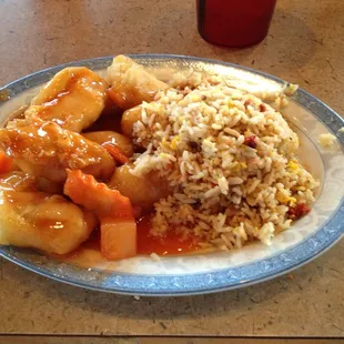 Sweet and sour chicken with pork fried rice.