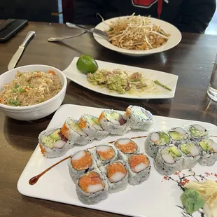 California roll, rich and famous roll, Kyoto roll, side of fried rice, tuna and avocado salad, pad thai
