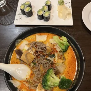 Large Noodle Bowl with Coconut curry, Soba Noodles and Tofu is awesome. Avocado Rolls are so good.