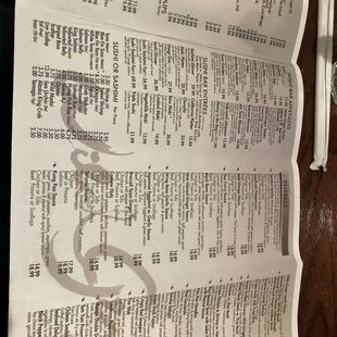 September paper menu. Back side has lunch and sushi items.