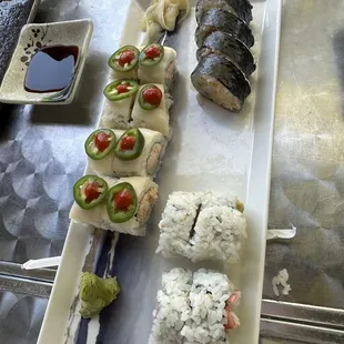 Target Roll, California with Rice out Roll and shrimp tempura roll