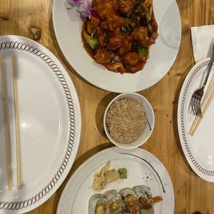 General chows, chicken, fried rice and shrimp, tempura roll