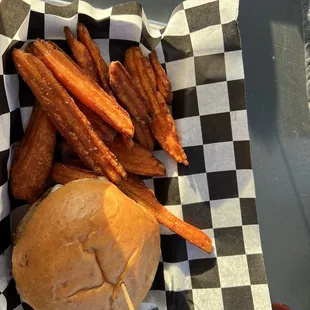Burger with sweet potato fries