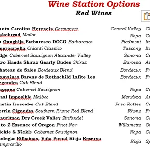 a list of wines