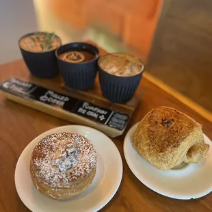 Fall coffee flight, almond croissant, and chocolate croissant