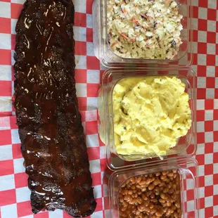 ribs, beans, coleslaw and coleslaw