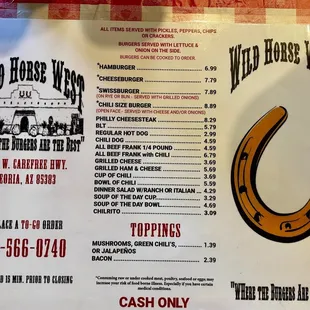 the menu for the wild horse west