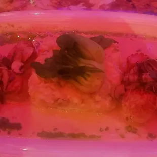 Scallops and risotto (restaurant lighting is very red)