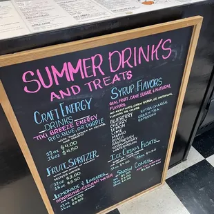 a menu for summer drinks and treats