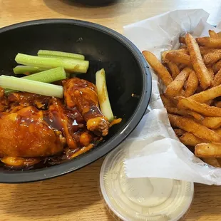Five piece Traditional Wings mikes mix sauce, medium blue cheese, and small cajun fry.