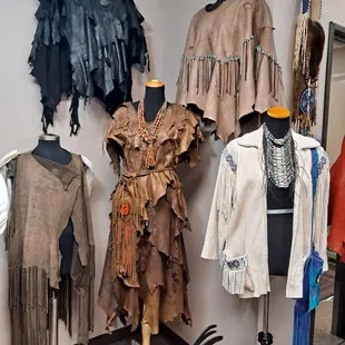 W!ld Moon Couture Pure Tribalist™ Center brown deerskin dress is the first piece Sally Moon made for herself in 1995.