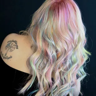 Pastel Rainbow color by Michelle with beaded weft hair extensions by Gavin