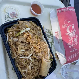 Chicken pad thai, extra bean sprouts extra peanuts, and veggie siam roll
