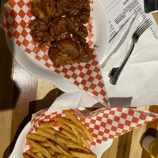 Honey barbecue boneless wings and fries