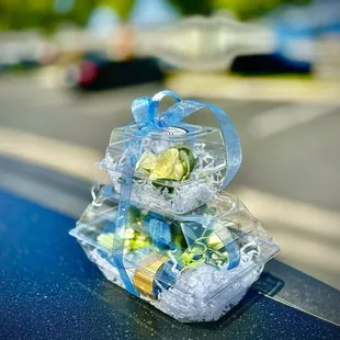 Magnet boutonnière and Slap Bracelet corsage for our anniversary. Thanks, Denise!