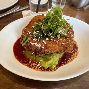 Chicken Milanesa - crispy chicken breast, poblano mashed potato, guajillo salsa, queso fresco