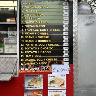 Updated menu, can&apos;t go wrong with ~ $3.00 per homemade taco!