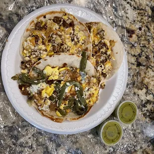 Nopales and egg taco, chorizo/egg/bean taco!!