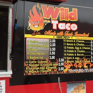 a menu on a food truck