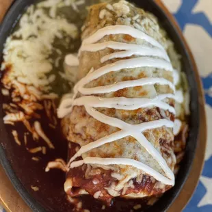 Wet burrito- half red, half green sauce