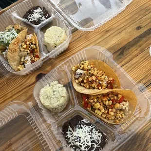 Tofu and Corn Salsa Tacos with Mexican Rice and Black Beans