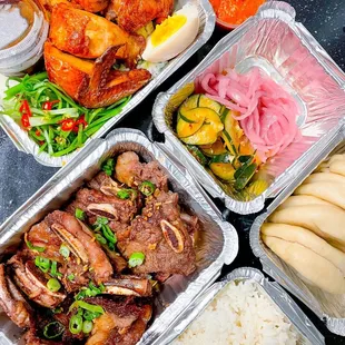 Cornish hen, Galbi Korean short ribs, bao buns, pickles, rice