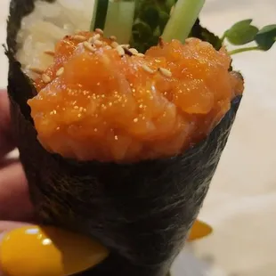 Spicy Salmon Hand Roll ~ prepare for the fire!!!