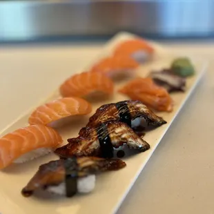 Salmon and eel nigiri