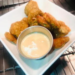 Try our dill- fried pickles with the house spicy ranch