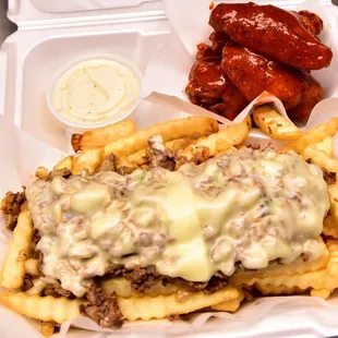 special order, philly steak fries with hot wings