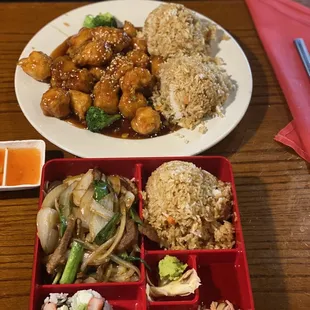 Sesame chicken and Mongolian beef bento box with Kani salad.