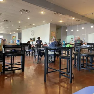 people sitting at tables in a restaurant