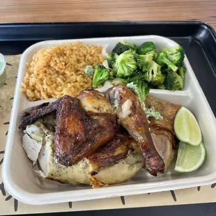 Half chicken with spanish rice and broccoli