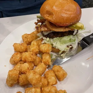 My sons bbq cheeseburger and tots