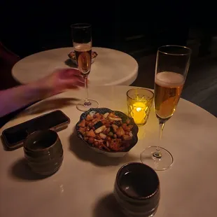 a table with food and drinks