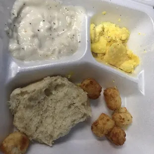 Breakfast. Missing in action: bacon and the other half of the biscuit. Decent breakfast- just forget the gravy.