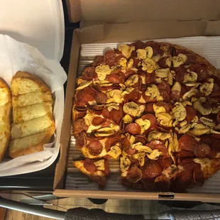 Old fashioned with mushrooms. Cheesy garlic bread special