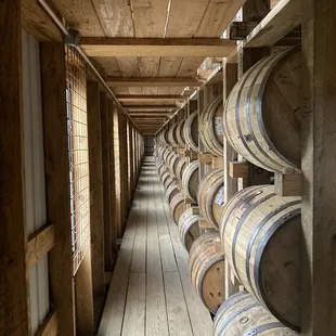 rows of wooden barrels lined up