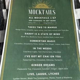 a menu for mocktails