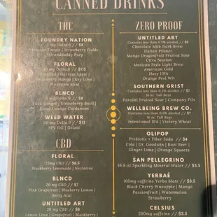 Menu -  canned drinks